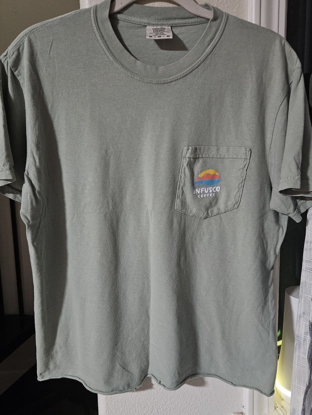 Comfort Colors Sage Green Graphic Tee | Infusco Coffee Pocket T-Shirt Size M
